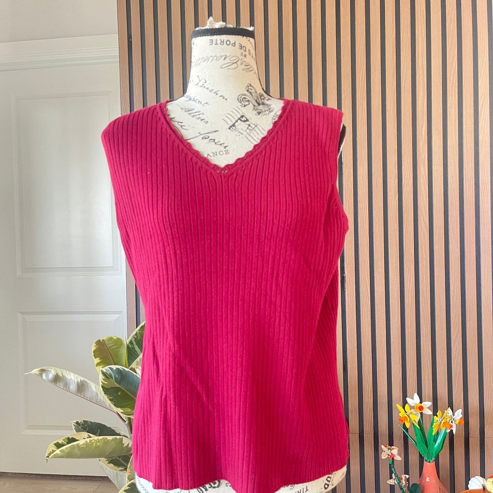 Kathie Lee Collection Sleeveless Knit Top V Neck Ribbed‎ Red Large Ladies